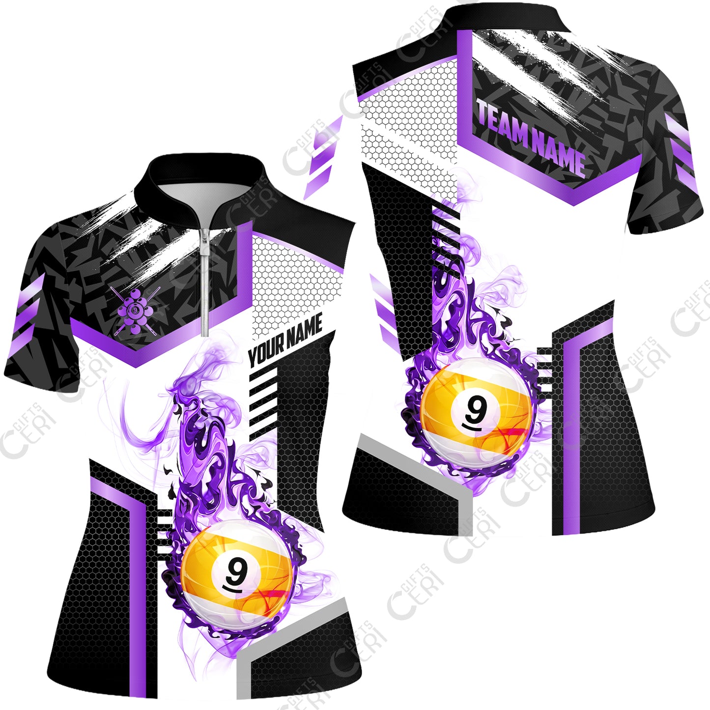 Customized 9 Ball Pool Stand Collar Quarter Zip Short Sleeve Women's Shirt, Flaming 9-Ball Graphic, Billiards Jersey