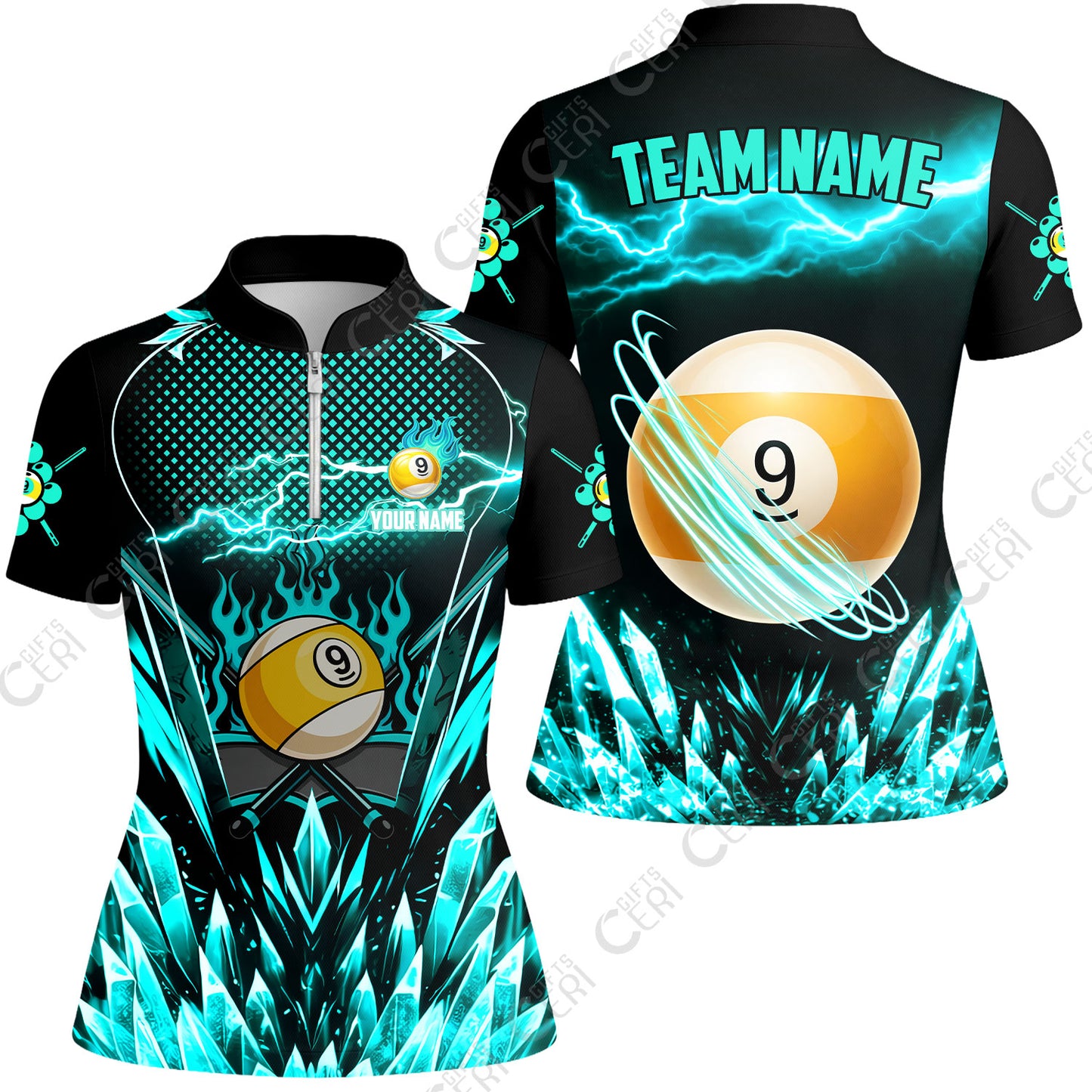 Customized 9 Ball Pool Stand Collar Quarter Zip Short Sleeve Women's Shirt, Electric Lightning Crystal, Billiards Jerseys