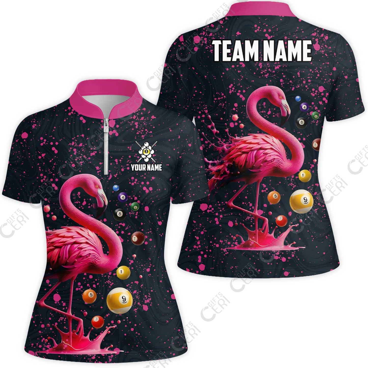 Customized 9 Ball Pool Stand Collar Quarter-Zip Short Sleeve Women's Shirt, Flamingo Pink Splat Billiard 9-Ball, Billiards Jersey