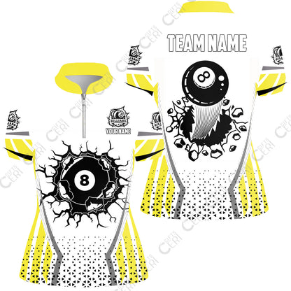 Customized 8 Ball Pool Stand Collar Quarter Zip Short Sleeve Women's Shirt, Billiard Triangle Pattern, 8-Ball Breaks The Wall, Billiard Jerseys