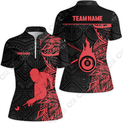 Customized 8 Ball Pool Stand Collar Quarter Zip Short Sleeve Women's Shirt, 8-Ball Billiards Tattoo Pattern, Billiards Jerseys