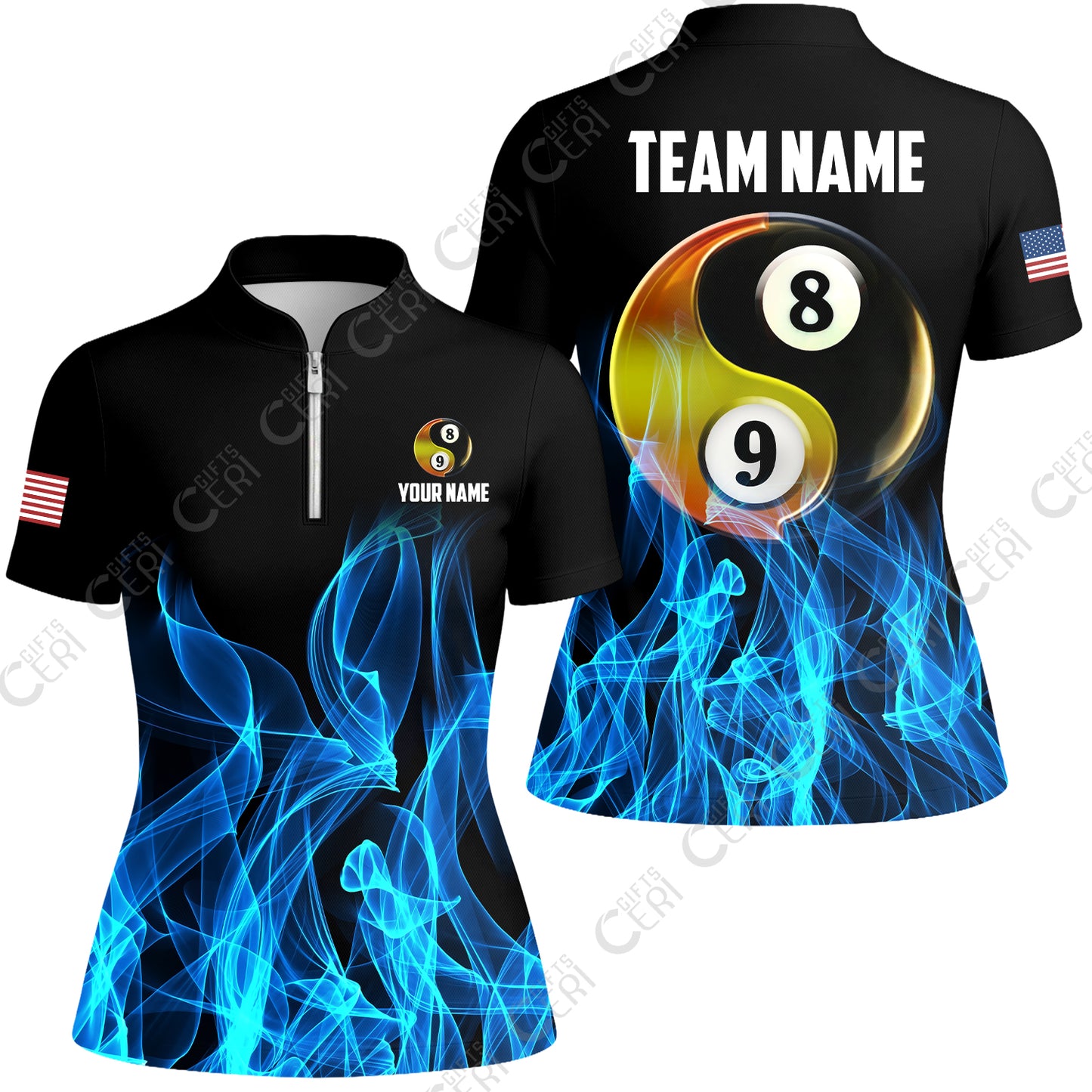 Customized Billiard Stand Collar Quarter Zip Short Sleeve Women's Shirt, Billiard 8-Ball And 9-Ball Yin-Yang Flame, Billiard Jerseys