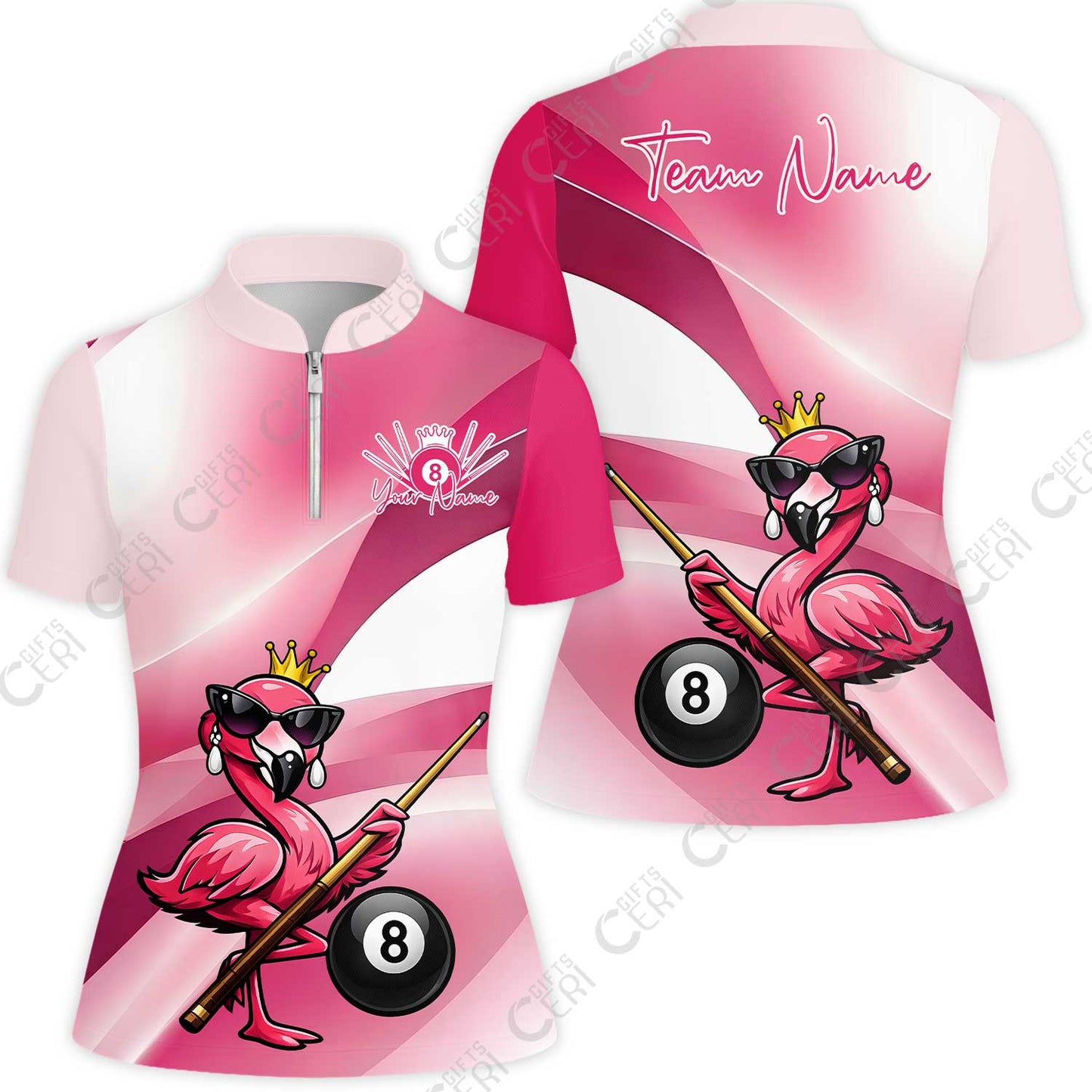 Customized 8 Ball Pool Stand Collar Quarter-Zip Short Sleeve Women's Shirt, Pink Flamingo Billiards 8-Ball, Personalized Billiards Jersey