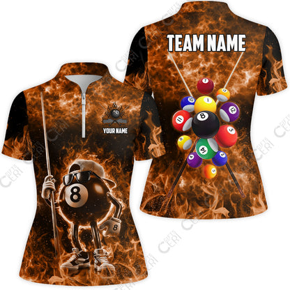 Customized 8 Ball Pool Stand Collar Quarter Zip Short Sleeve Women's Shirt, 8-Ball Wearing Cap And Sunglasses Flaming Burn, Billiard Jerseys
