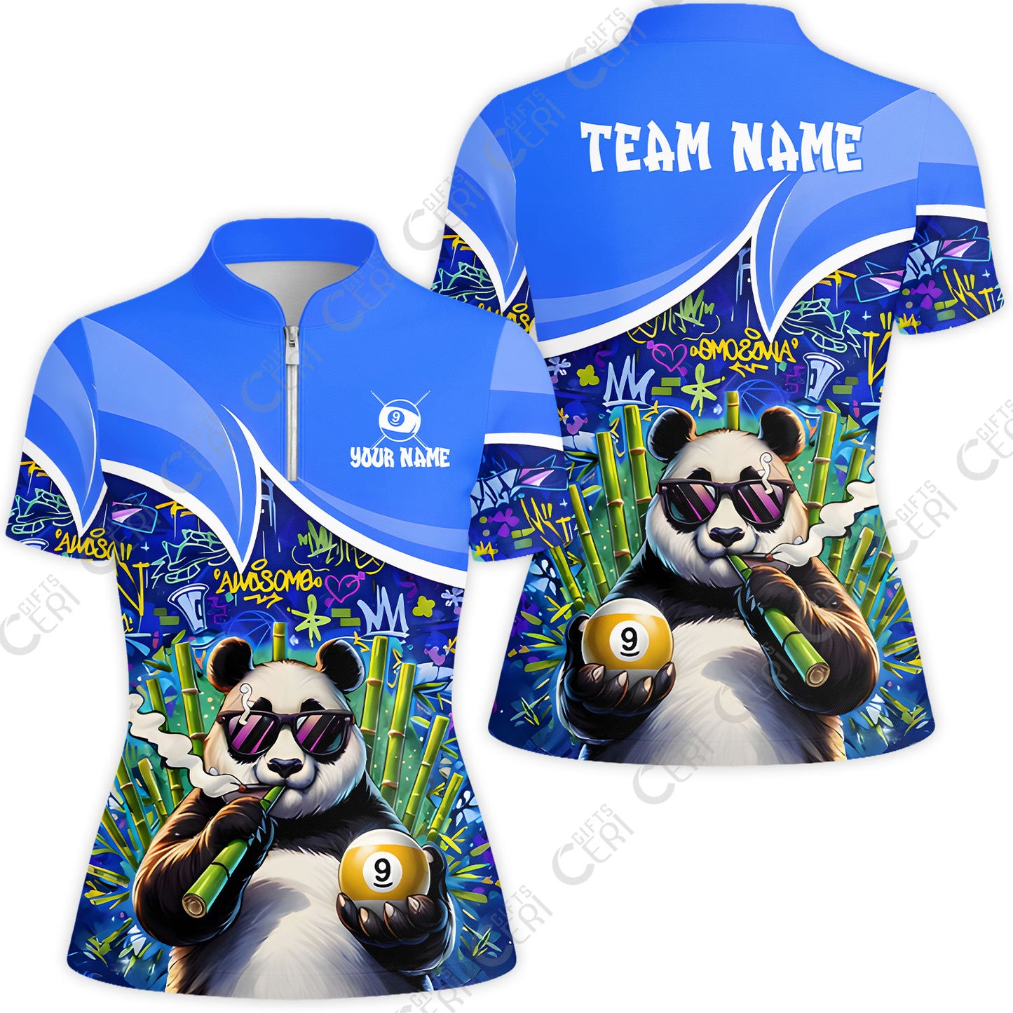 Customized 9 Ball Pool Stand Collar Quarter Zip Short Sleeve Women's Shirt, 9-Ball Panda Bamboo Billiards, Billiards Jerseys