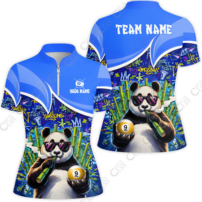 Customized 9 Ball Pool Stand Collar Quarter Zip Short Sleeve Women's Shirt, 9-Ball Panda Bamboo Billiards, Billiards Jerseys