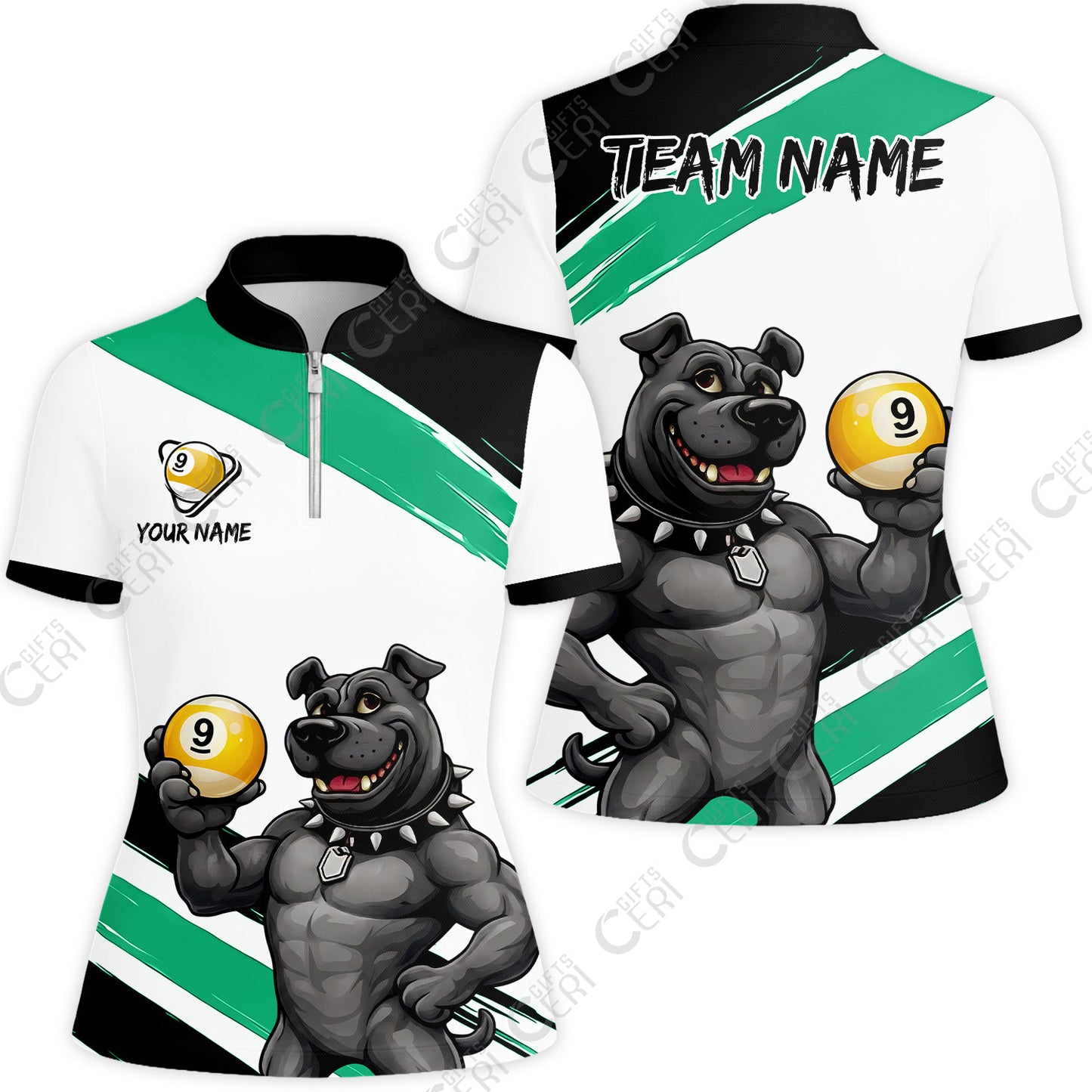 Customized Billiards Stand Collar Quarter Zip Short Sleeve Women's Shirt, Personalized Pitbull 9 Ball Jersey Gift For Billiard Players