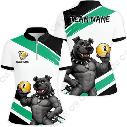 Customized Billiards Stand Collar Quarter Zip Short Sleeve Women's Shirt, Personalized Pitbull 9 Ball Jersey Gift For Billiard Players