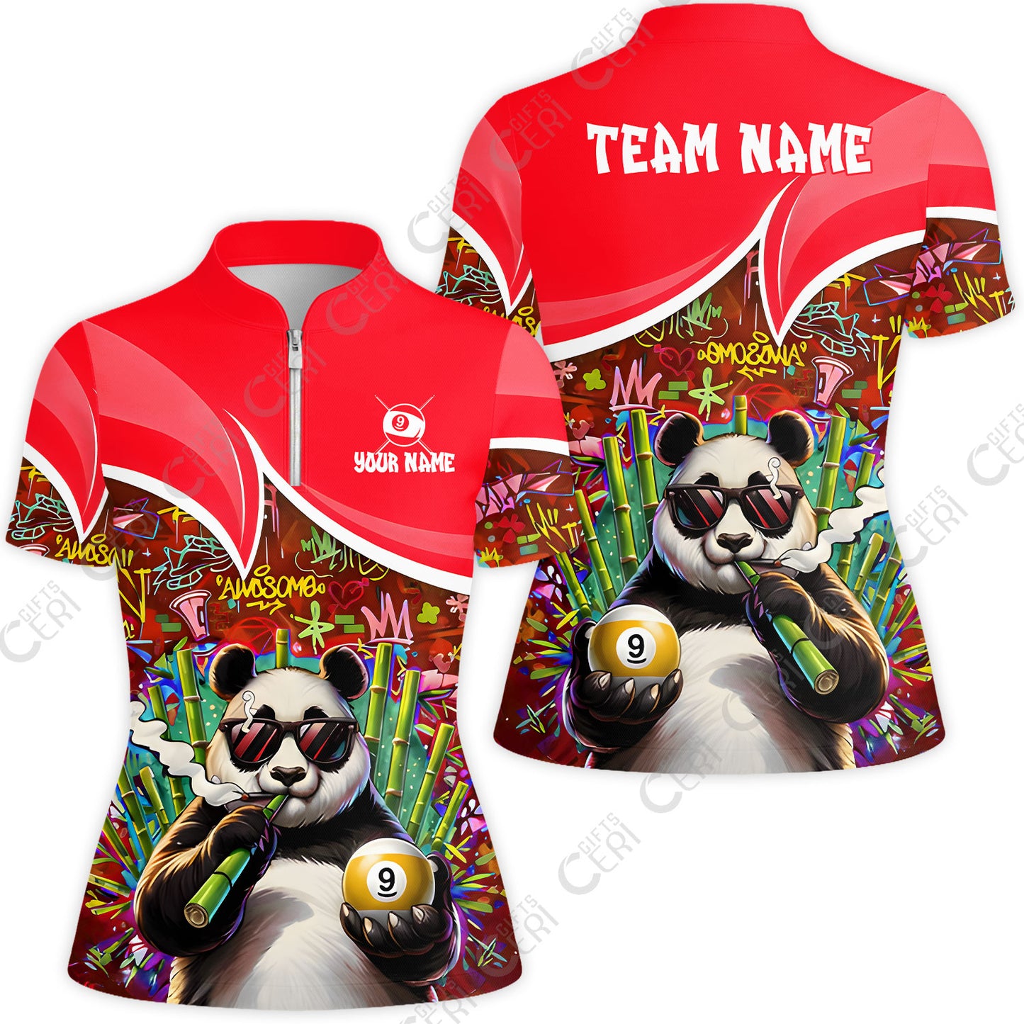 Customized 9 Ball Pool Stand Collar Quarter Zip Short Sleeve Women's Shirt, 9-Ball Panda Bamboo Billiards, Billiards Jerseys