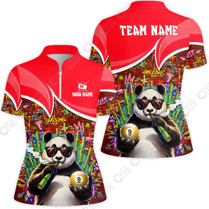 Customized 9 Ball Pool Stand Collar Quarter Zip Short Sleeve Women's Shirt, 9-Ball Panda Bamboo Billiards, Billiards Jerseys