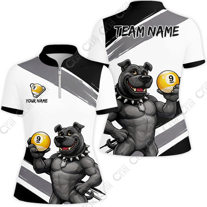 Customized Billiards Stand Collar Quarter Zip Short Sleeve Women's Shirt, Personalized Pitbull 9 Ball Jersey Gift For Billiard Players