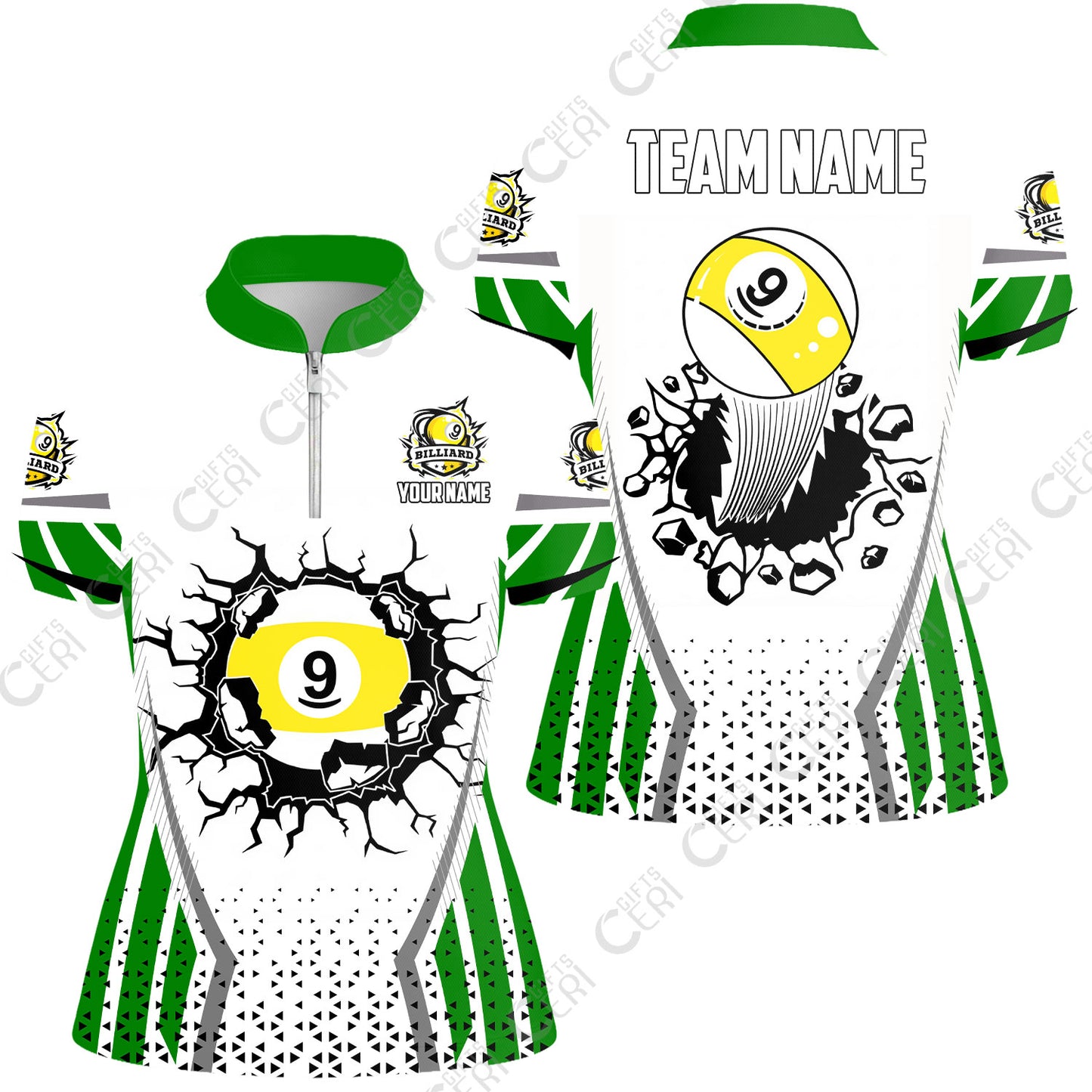 Customized 9 Ball Pool Stand Collar Quarter Zip Short Sleeve Women's Shirt, Billiard Triangle Pattern, 9-Ball Breaks The Wall, Billiard Jerseys