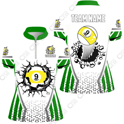 Customized 9 Ball Pool Stand Collar Quarter Zip Short Sleeve Women's Shirt, Billiard Triangle Pattern, 9-Ball Breaks The Wall, Billiard Jerseys