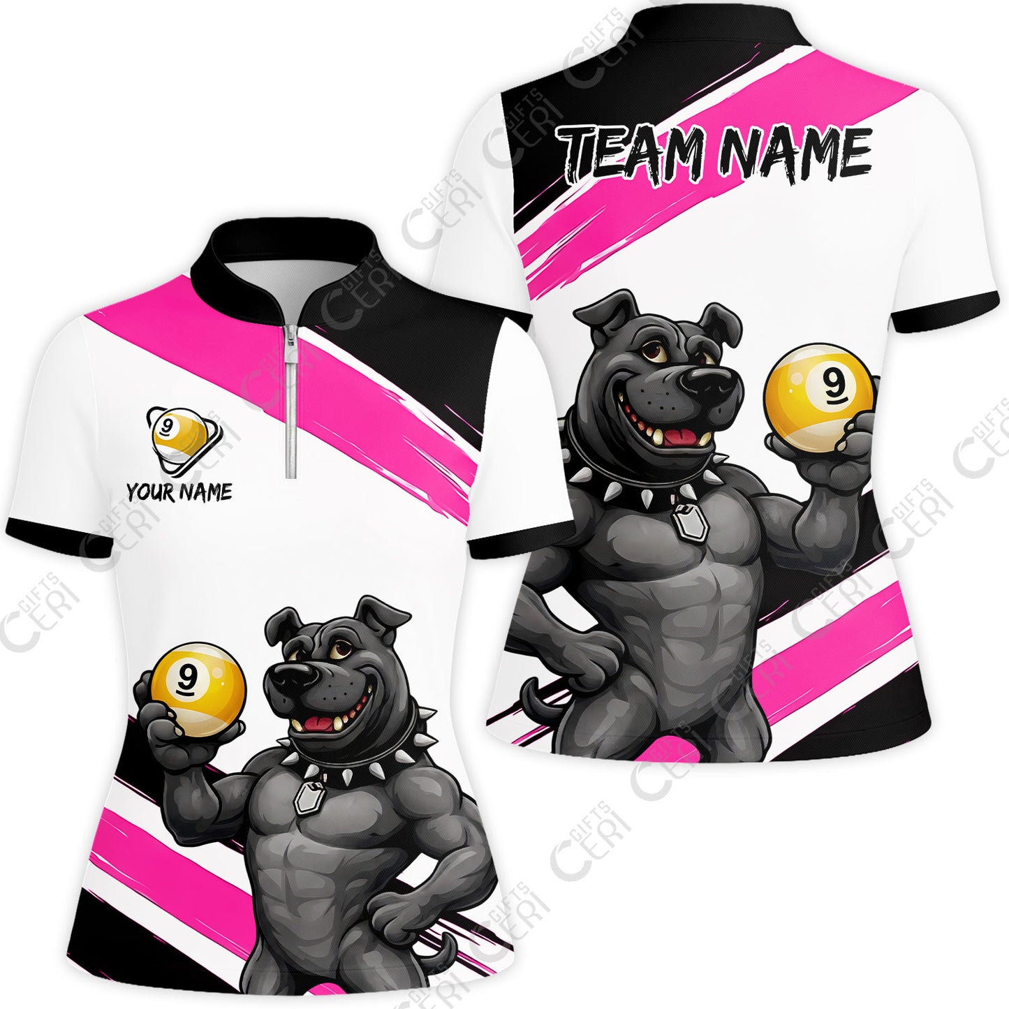 Customized Billiards Stand Collar Quarter Zip Short Sleeve Women's Shirt, Personalized Pitbull 9 Ball Jersey Gift For Billiard Players