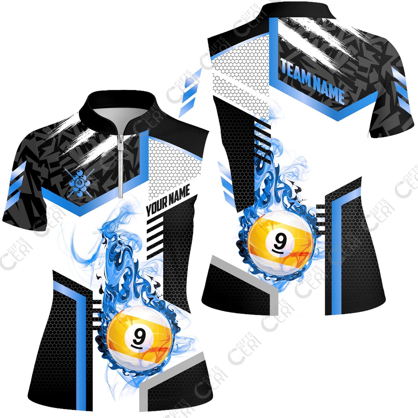 Customized 9 Ball Pool Stand Collar Quarter Zip Short Sleeve Women's Shirt, Flaming 9-Ball Graphic, Billiards Jersey