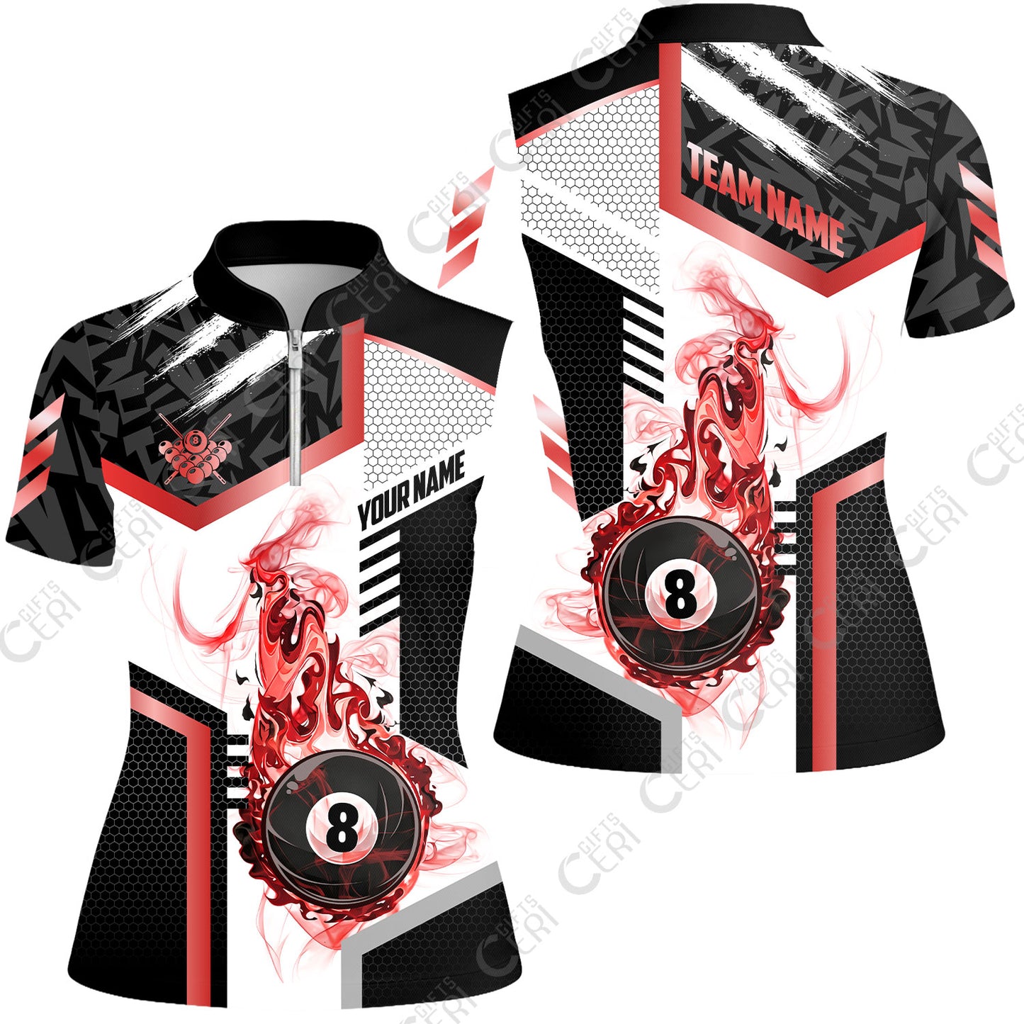 Customized Billiards Stand Collar Quarter Zip Short Sleeve Women's Shirt, Flaming 8-Ball Graphic, 8 Ball Pool Jersey