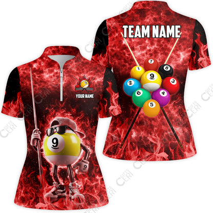 Customized 9 Ball Pool Stand Collar Quarter Zip Short Sleeve Women's Shirt, 9-Ball Wearing Cap And Sunglasses Flaming Burn, Billiard Jerseys