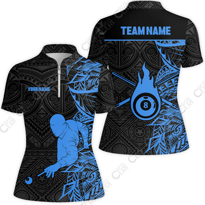 Customized 8 Ball Pool Stand Collar Quarter Zip Short Sleeve Women's Shirt, 8-Ball Billiards Tattoo Pattern, Billiards Jerseys