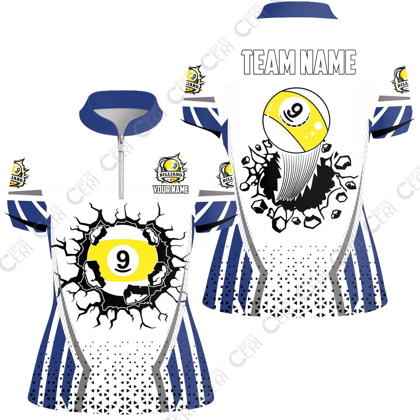 Customized 9 Ball Pool Stand Collar Quarter Zip Short Sleeve Women's Shirt, Billiard Triangle Pattern, 9-Ball Breaks The Wall, Billiard Jerseys