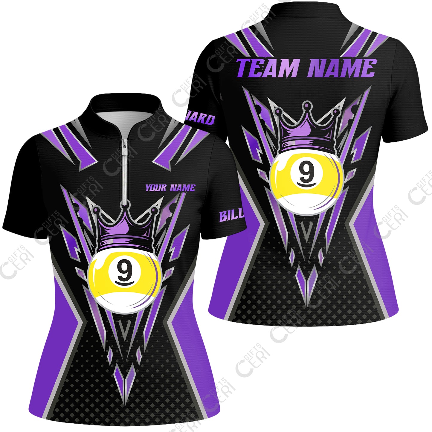 Customized 9 Ball Pool Stand Collar Quarter Zip Short Sleeve Women's Shirt, Billiard 9-Ball Crown, Billiard Jerseys