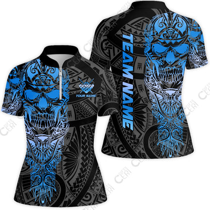 Customized 8 Ball Pool Stand Collar Quarter Zip Short Sleeve Women's Shirt, 8-Ball Billiard Ethnic Tribal Style Pattern, Billiards Jerseys