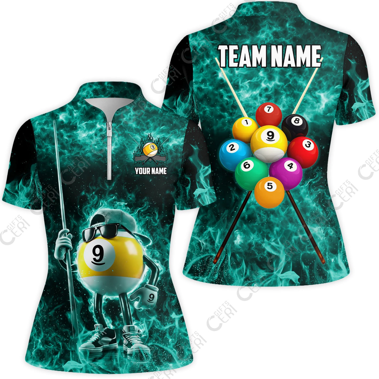 Customized 9 Ball Pool Stand Collar Quarter Zip Short Sleeve Women's Shirt, 9-Ball Wearing Cap And Sunglasses Flaming Burn, Billiard Jerseys