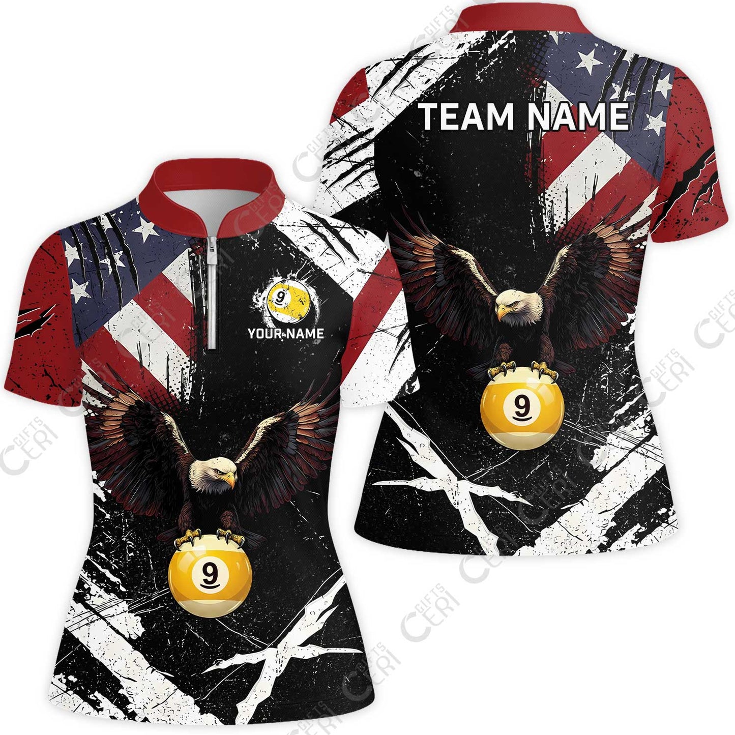 Customized 9 Ball Pool Stand Collar Quarter-Zip Short Sleeve Women's Shirt, Eagle Billiard American Flag 9-ball, Personalized Billiards Jersey