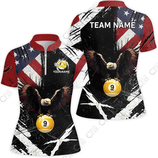 Customized 9 Ball Pool Stand Collar Quarter-Zip Short Sleeve Women's Shirt, Eagle Billiard American Flag 9-ball, Personalized Billiards Jersey