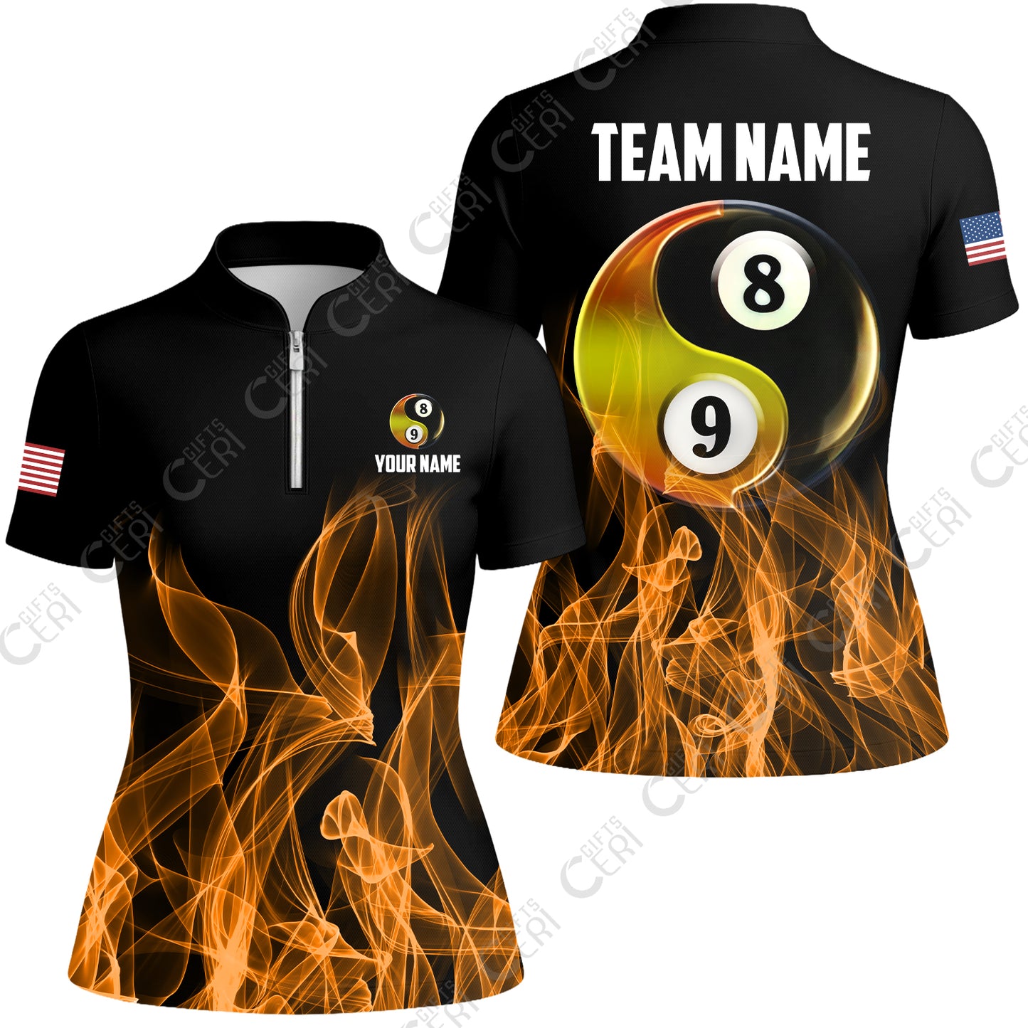 Customized Billiard Stand Collar Quarter Zip Short Sleeve Women's Shirt, Billiard 8-Ball And 9-Ball Yin-Yang Flame, Billiard Jerseys