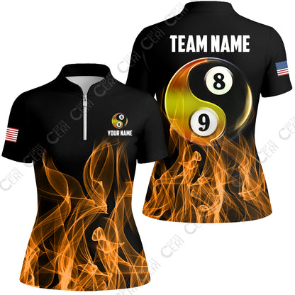 Customized Billiard Stand Collar Quarter Zip Short Sleeve Women's Shirt, Billiard 8-Ball And 9-Ball Yin-Yang Flame, Billiard Jerseys