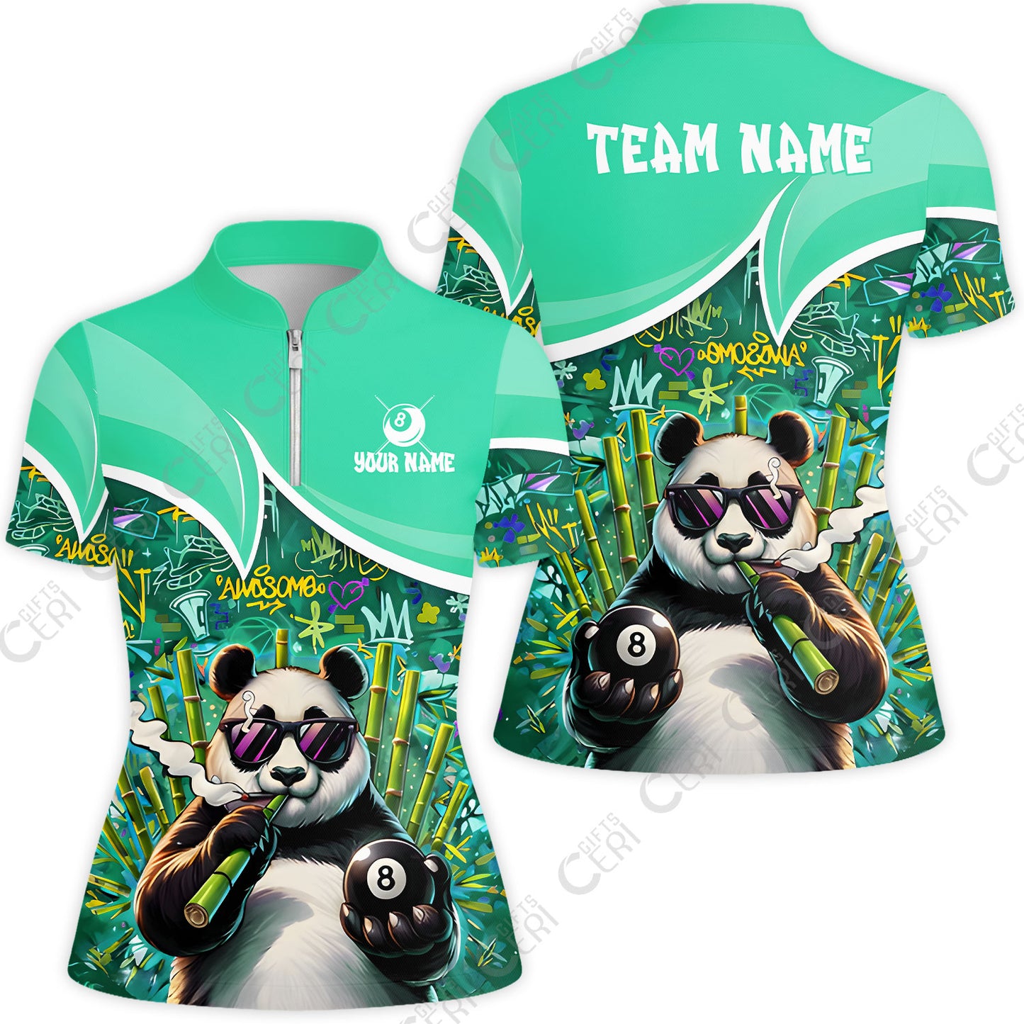 Customized 8 Ball Pool Stand Collar Quarter Zip Short Sleeve Women's Shirt, 8-Ball Panda Bamboo Billiards, Billiards Jerseys
