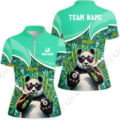 Customized 8 Ball Pool Stand Collar Quarter Zip Short Sleeve Women's Shirt, 8-Ball Panda Bamboo Billiards, Billiards Jerseys