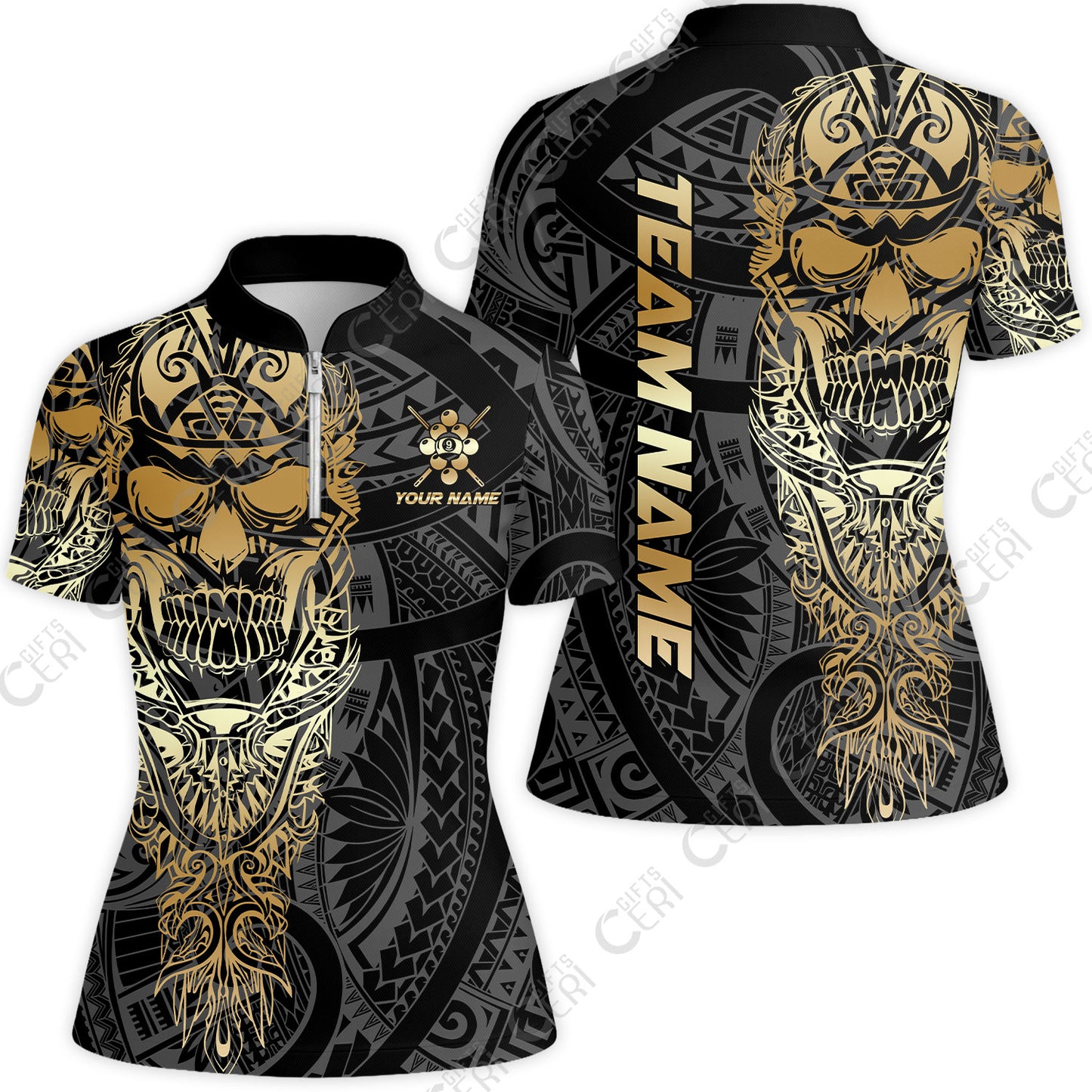 Customized 9 Ball Pool Stand Collar Quarter Zip Short Sleeve Women's Shirt, 9-Ball Billiard Ethnic Tribal Style Pattern, Billiards Jerseys