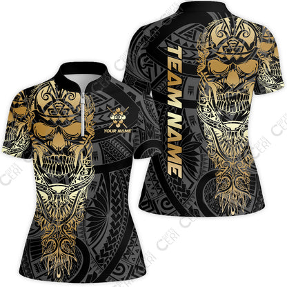 Customized 9 Ball Pool Stand Collar Quarter Zip Short Sleeve Women's Shirt, 9-Ball Billiard Ethnic Tribal Style Pattern, Billiards Jerseys