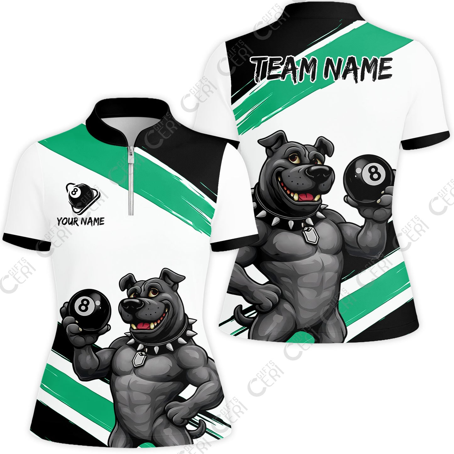 Customized Billiards Stand Collar Quarter Zip Short Sleeve Women's Shirt, Personalized Pitbull 8 Ball Jersey Gift For Billiard Players