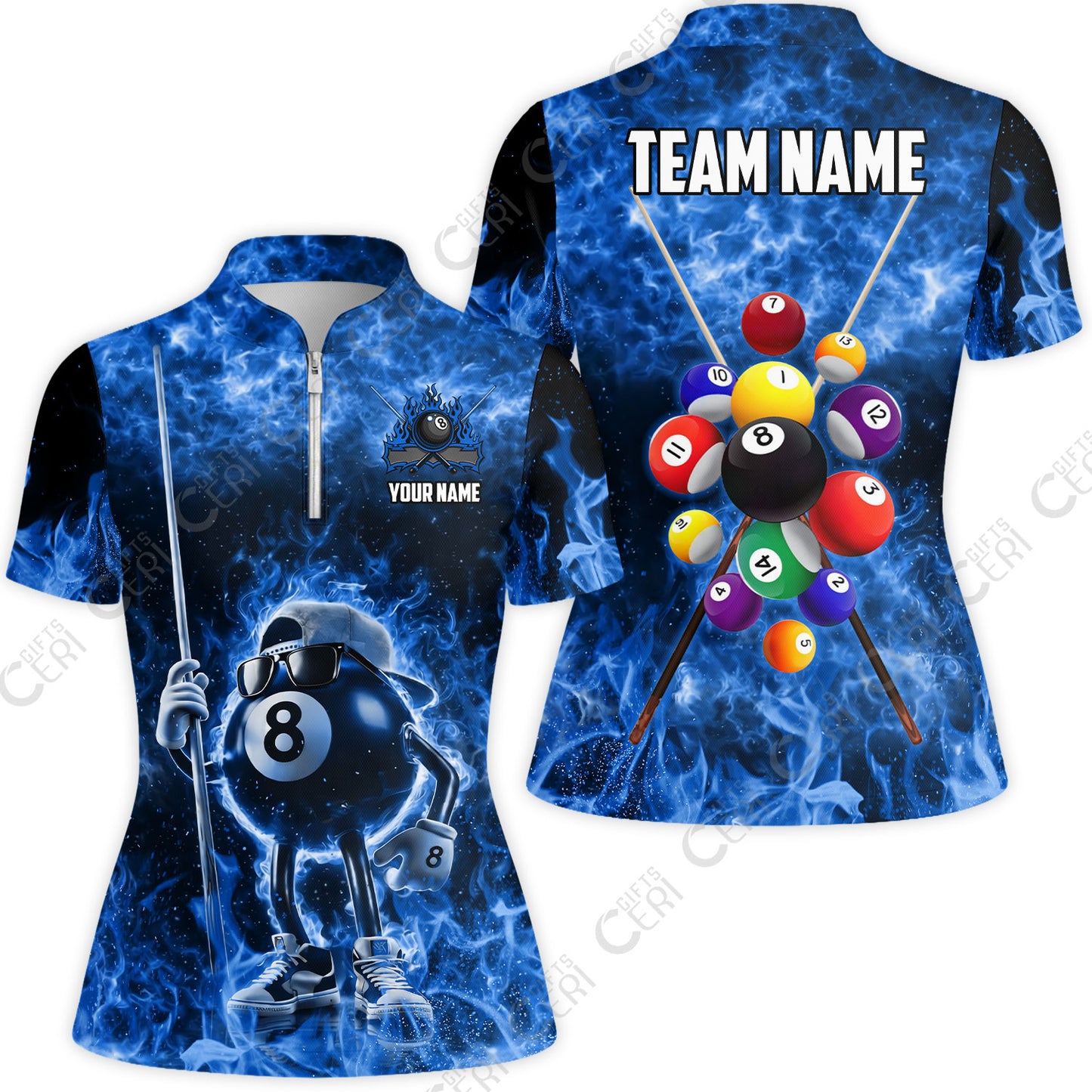 Customized 8 Ball Pool Stand Collar Quarter Zip Short Sleeve Women's Shirt, 8-Ball Wearing Cap And Sunglasses Flaming Burn, Billiard Jerseys