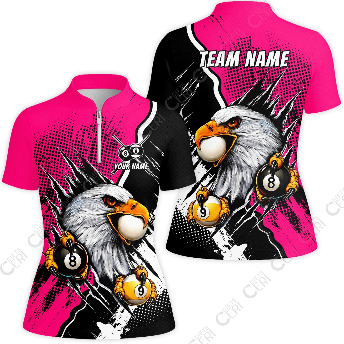 Customized Billiards Stand Collar Quarter-Zip Short Sleeve Women's Shirt, 8 & 9 Ball Billiard Eagle Comic Dot Halftone Background Color, Billiards Jerseys