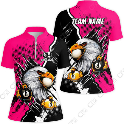 Customized Billiards Stand Collar Quarter-Zip Short Sleeve Women's Shirt, 8 & 9 Ball Billiard Eagle Comic Dot Halftone Background Color, Billiards Jerseys