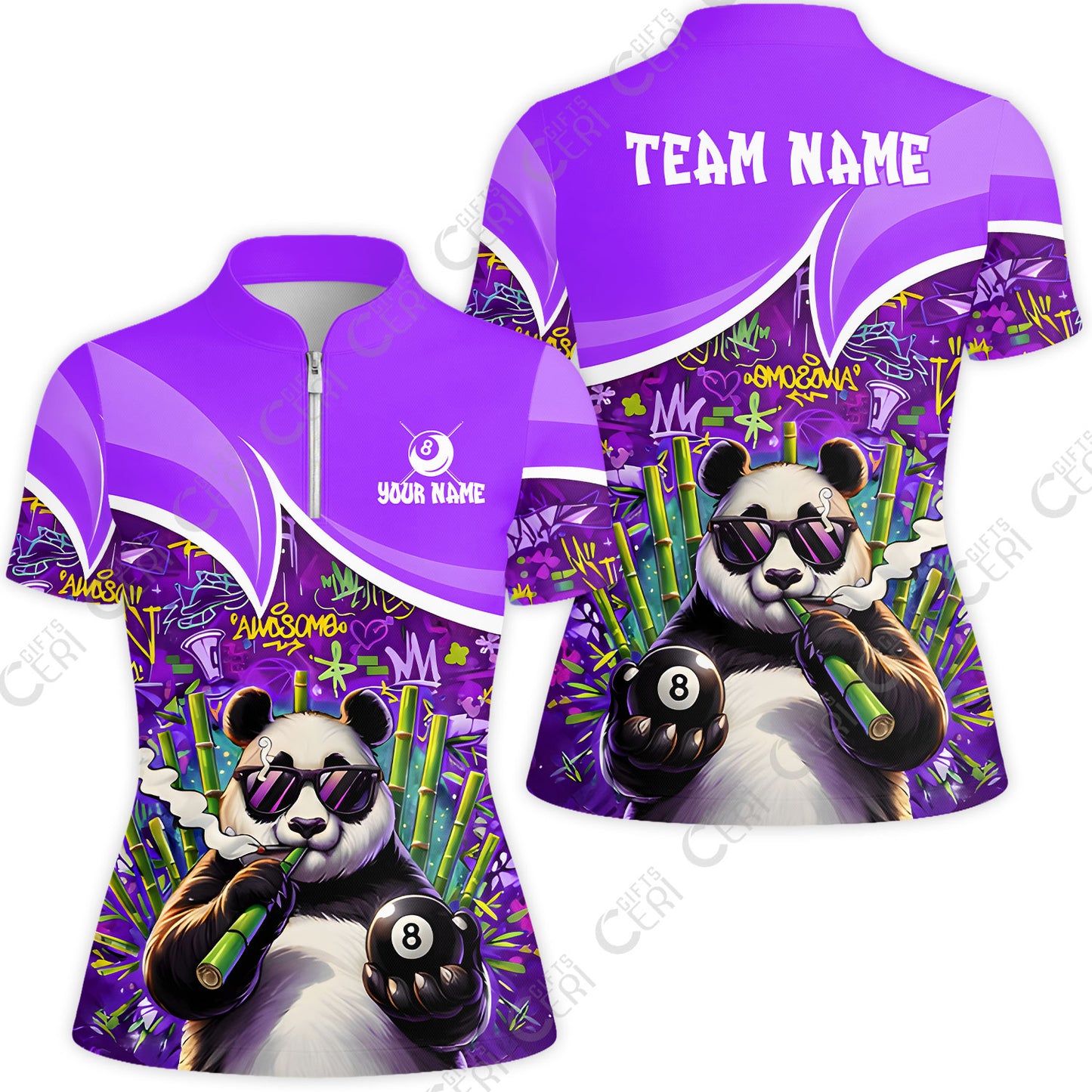 Customized 8 Ball Pool Stand Collar Quarter Zip Short Sleeve Women's Shirt, 8-Ball Panda Bamboo Billiards, Billiards Jerseys