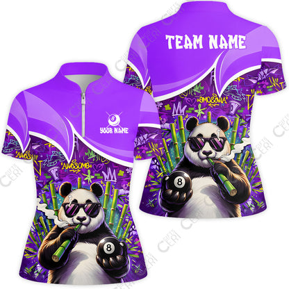 Customized 8 Ball Pool Stand Collar Quarter Zip Short Sleeve Women's Shirt, 8-Ball Panda Bamboo Billiards, Billiards Jerseys