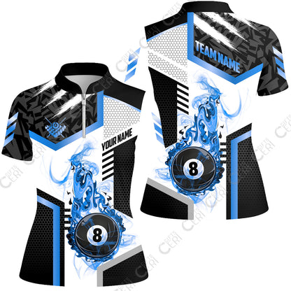 Customized Billiards Stand Collar Quarter Zip Short Sleeve Women's Shirt, Flaming 8-Ball Graphic, 8 Ball Pool Jersey