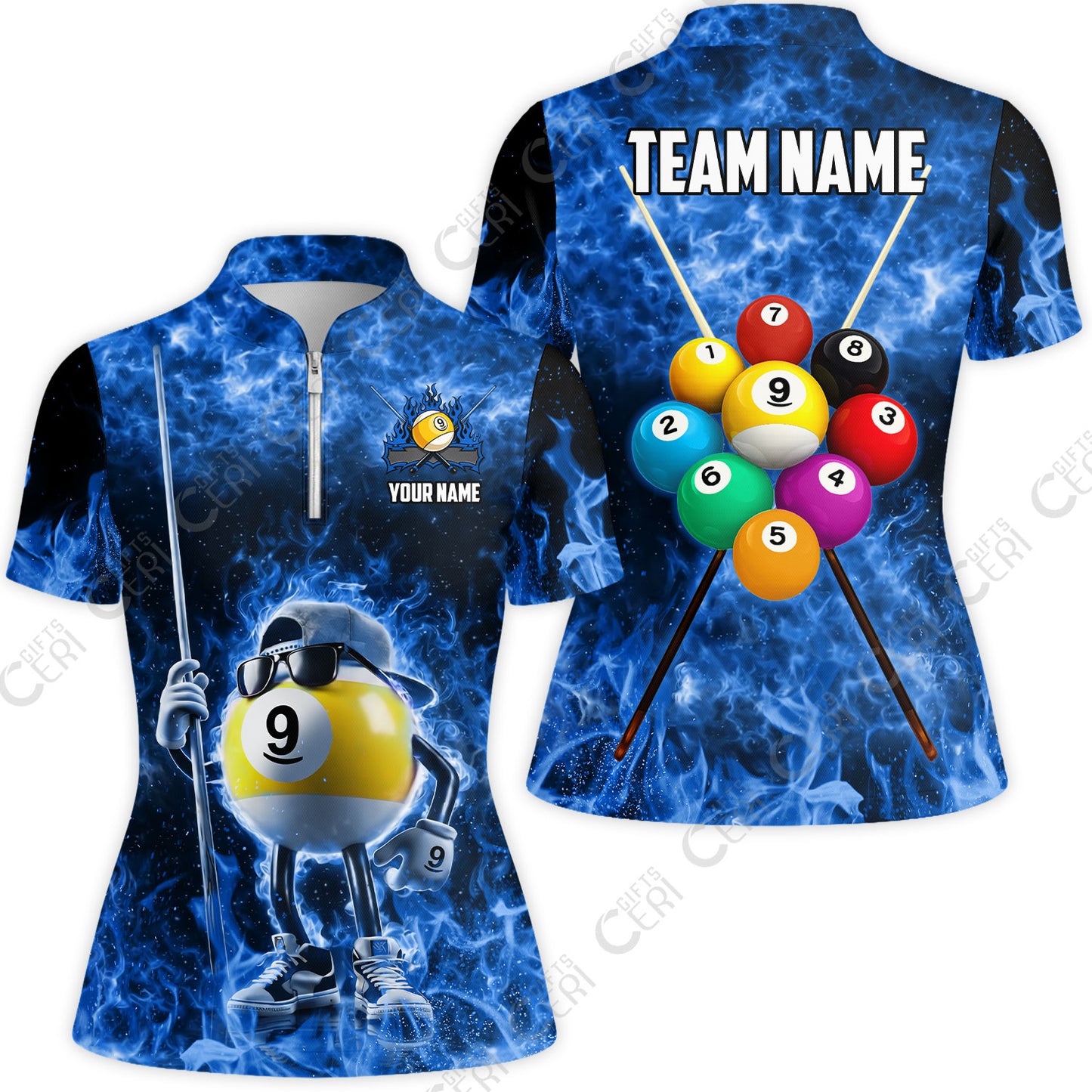 Customized 9 Ball Pool Stand Collar Quarter Zip Short Sleeve Women's Shirt, 9-Ball Wearing Cap And Sunglasses Flaming Burn, Billiard Jerseys