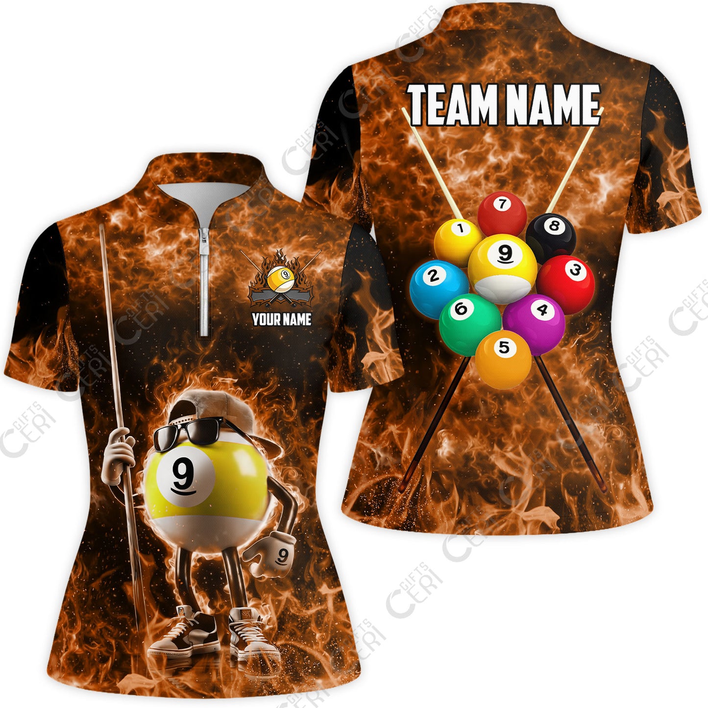Customized 9 Ball Pool Stand Collar Quarter Zip Short Sleeve Women's Shirt, 9-Ball Wearing Cap And Sunglasses Flaming Burn, Billiard Jerseys