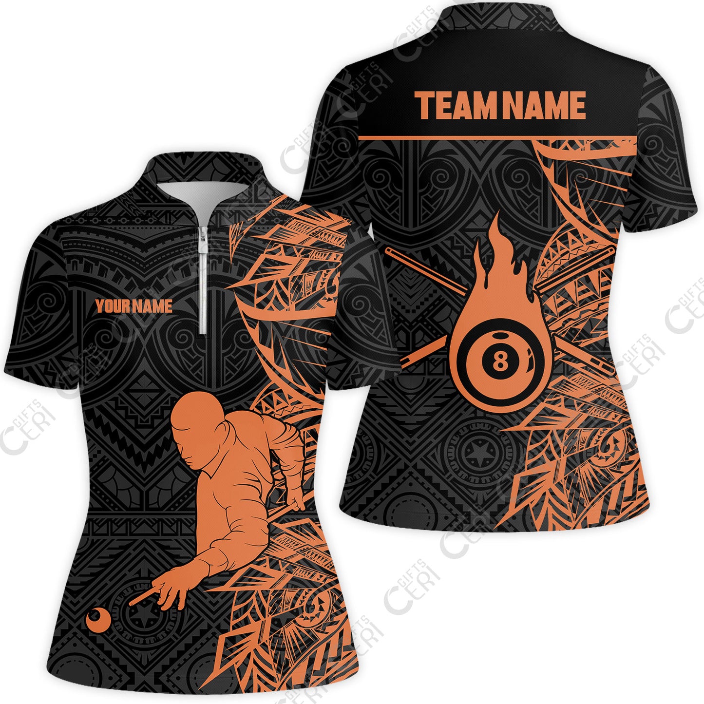 Customized 8 Ball Pool Stand Collar Quarter Zip Short Sleeve Women's Shirt, 8-Ball Billiards Tattoo Pattern, Billiards Jerseys