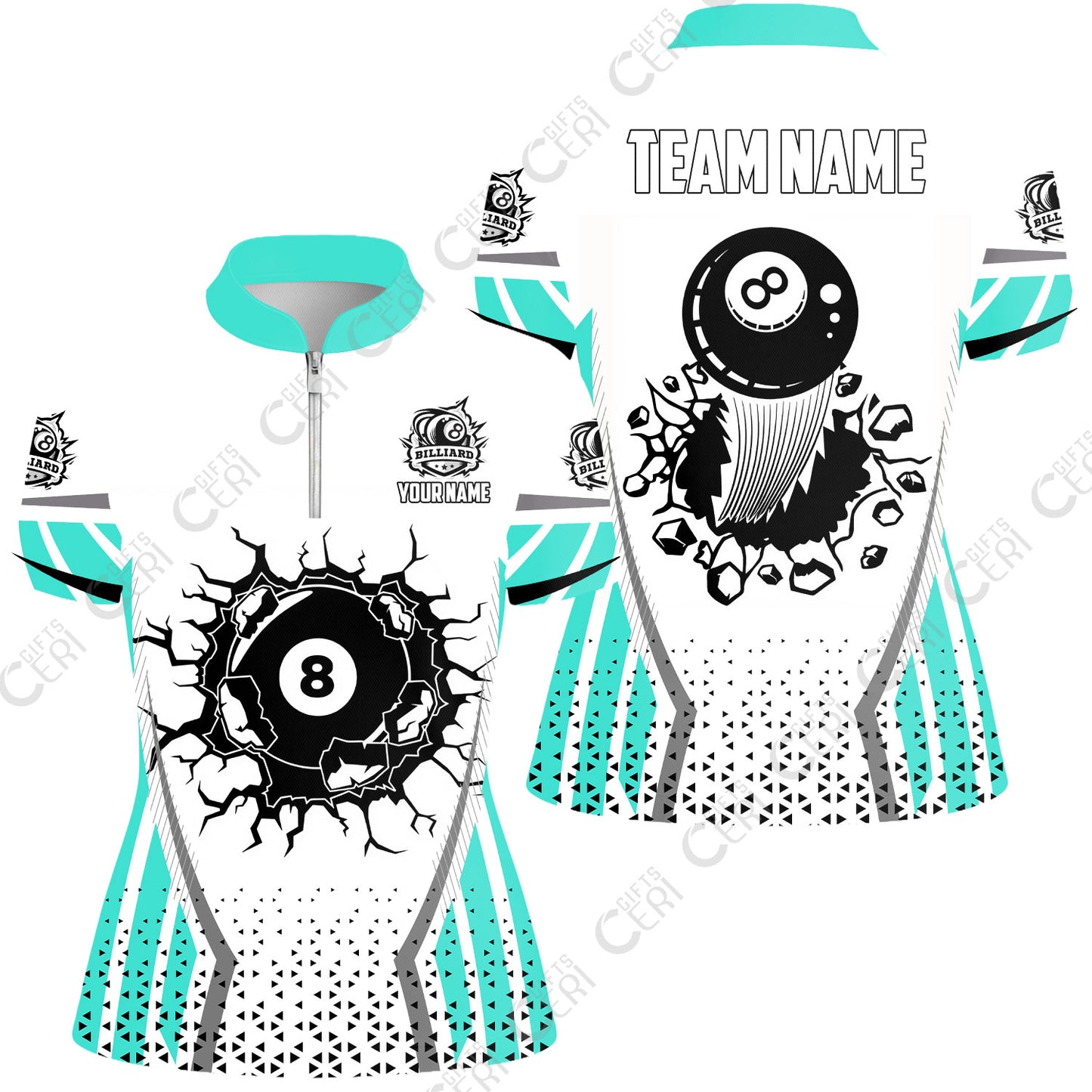 Customized 8 Ball Pool Stand Collar Quarter Zip Short Sleeve Women's Shirt, Billiard Triangle Pattern, 8-Ball Breaks The Wall, Billiard Jerseys