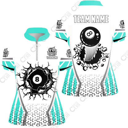 Customized 8 Ball Pool Stand Collar Quarter Zip Short Sleeve Women's Shirt, Billiard Triangle Pattern, 8-Ball Breaks The Wall, Billiard Jerseys