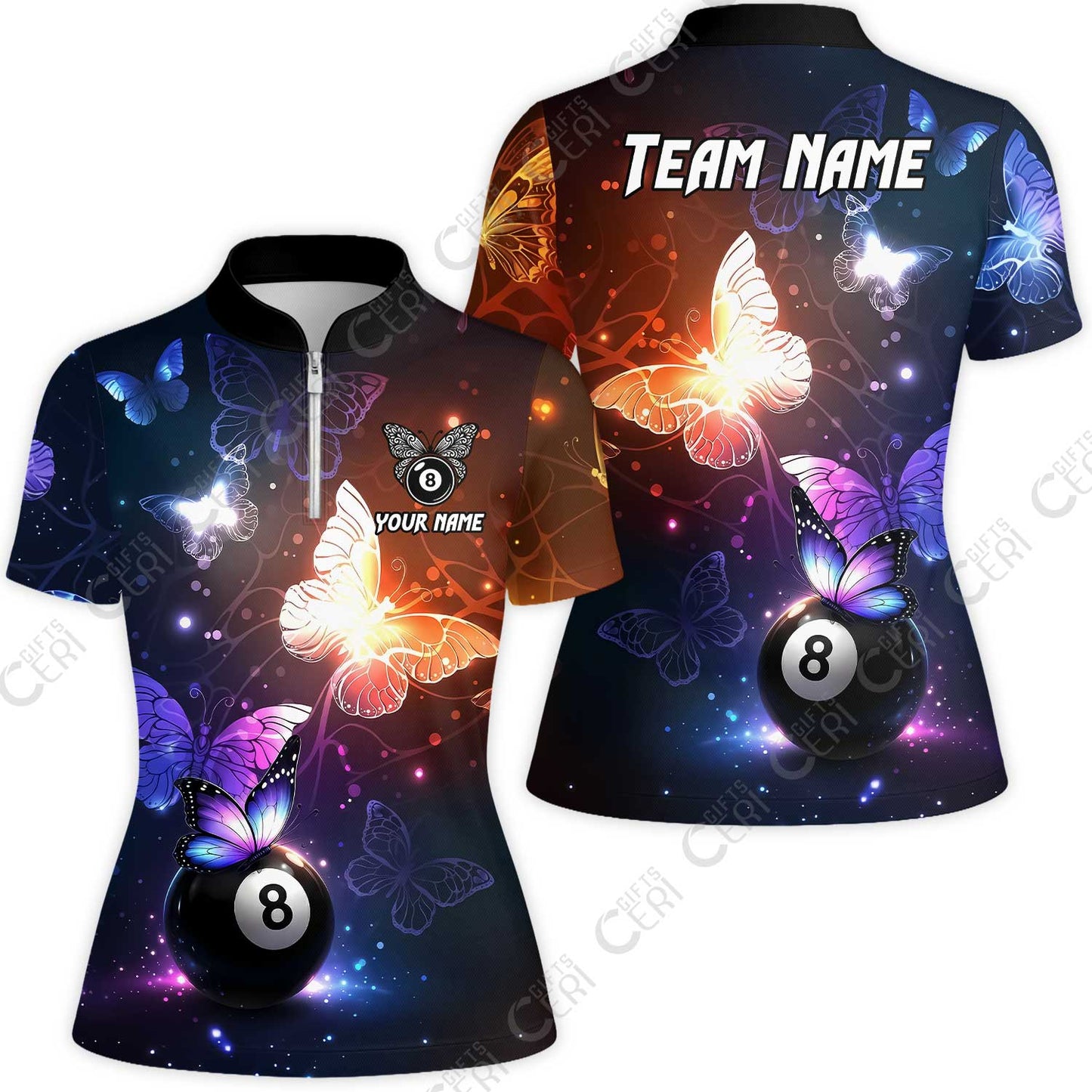 Customized 8 Ball Pool Stand Collar Quarter-Zip Short Sleeve Women's Shirt, Billiard Butterfly Sparkle 8-Ball, Personalized Billiards Jersey