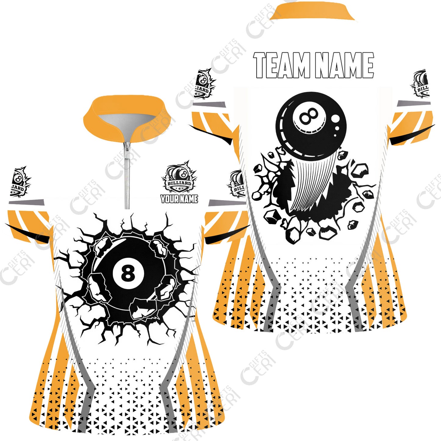 Customized 8 Ball Pool Stand Collar Quarter Zip Short Sleeve Women's Shirt, Billiard Triangle Pattern, 8-Ball Breaks The Wall, Billiard Jerseys