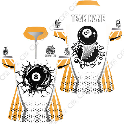 Customized 8 Ball Pool Stand Collar Quarter Zip Short Sleeve Women's Shirt, Billiard Triangle Pattern, 8-Ball Breaks The Wall, Billiard Jerseys