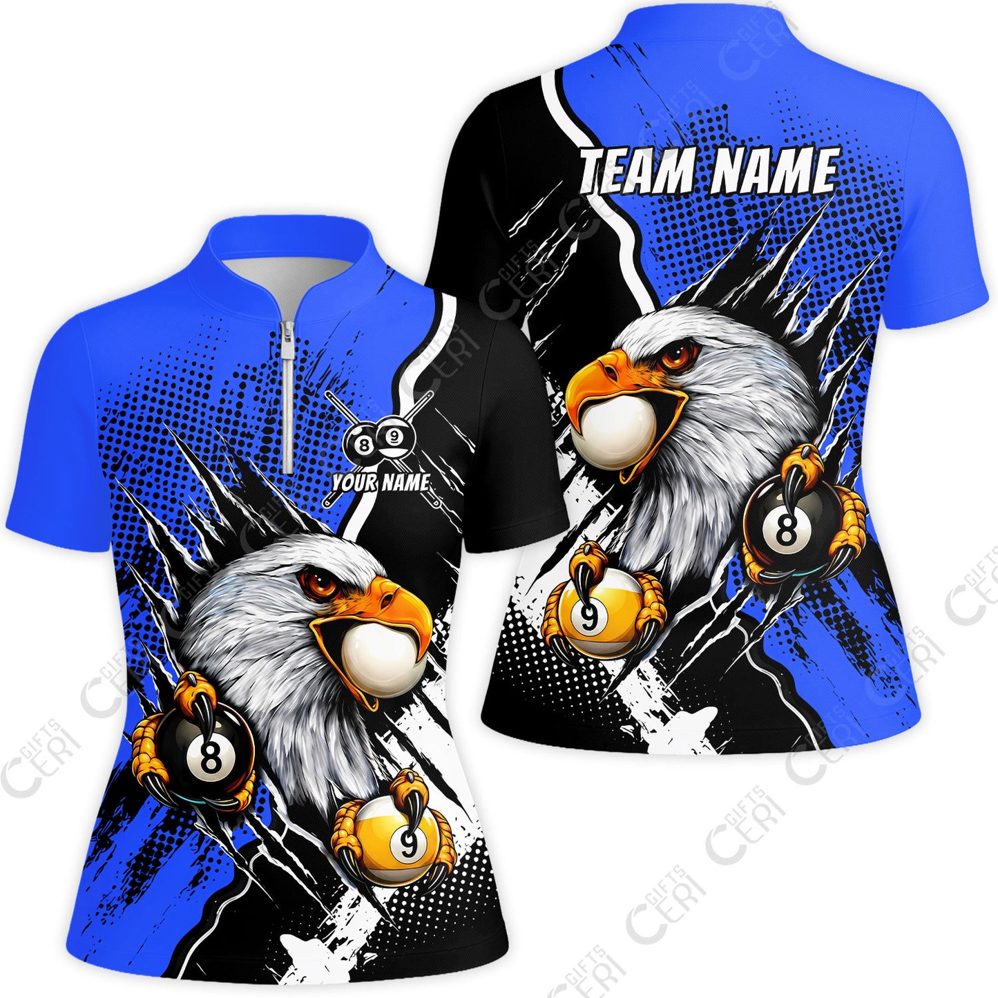 Customized Billiards Stand Collar Quarter-Zip Short Sleeve Women's Shirt, 8 & 9 Ball Billiard Eagle Comic Dot Halftone Background Color, Billiards Jerseys